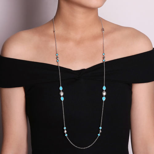 36 inch Hammered 925 Sterling Silver Doublet Rock Crystal/Turquoise Station Necklace