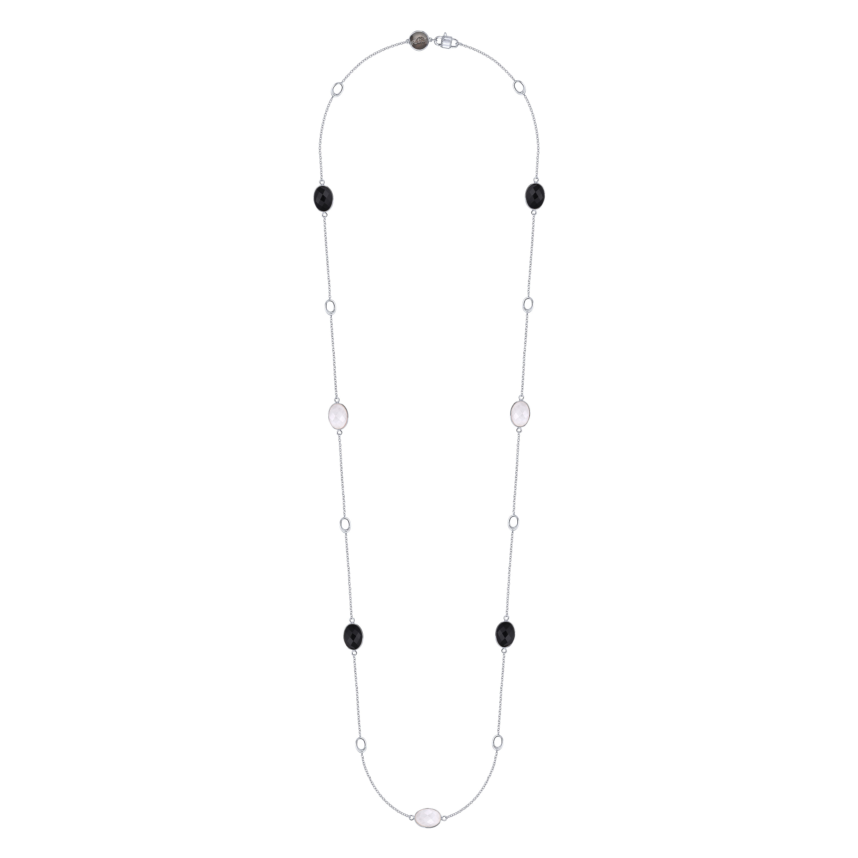 36 inch Long 925 Sterling Silver Oval Onyx and White Agate Station Necklace