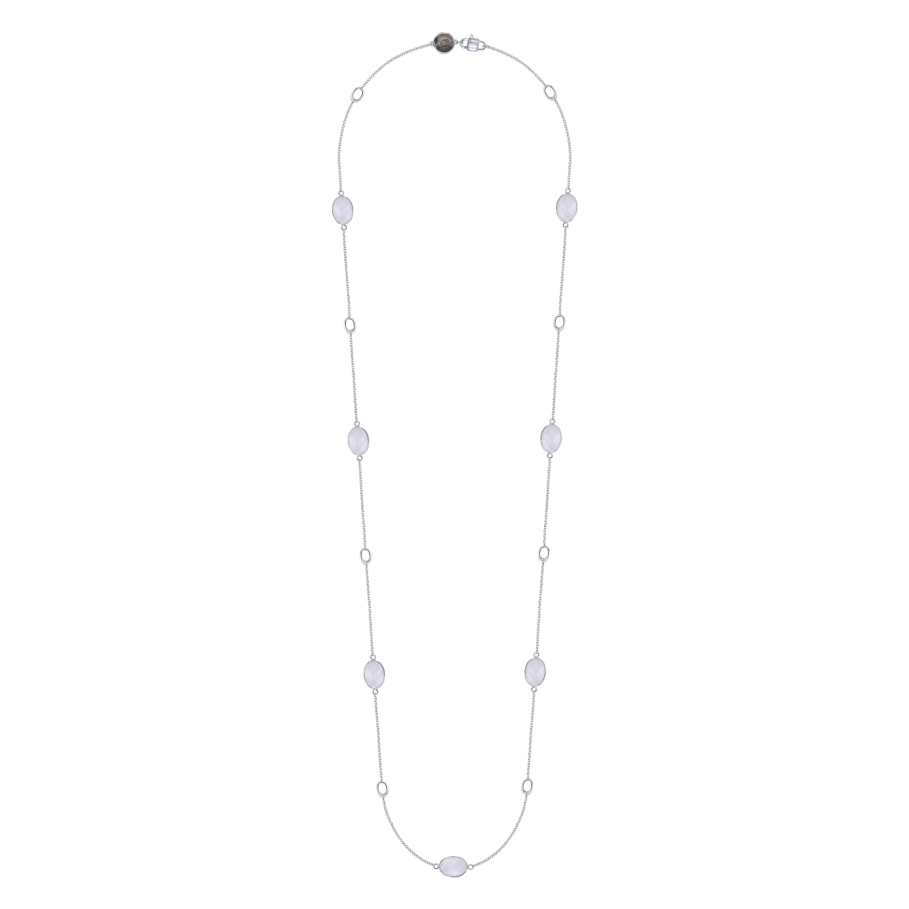 36 inch Long 925 Sterling Silver Oval White Agate Station Necklace
