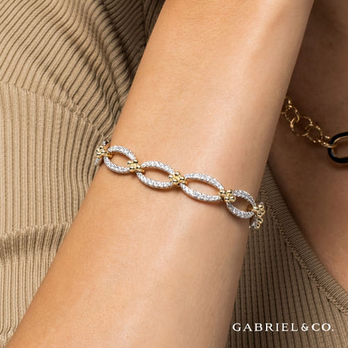 7inch 14K White-Yellow Gold Diamond Link Bracelet