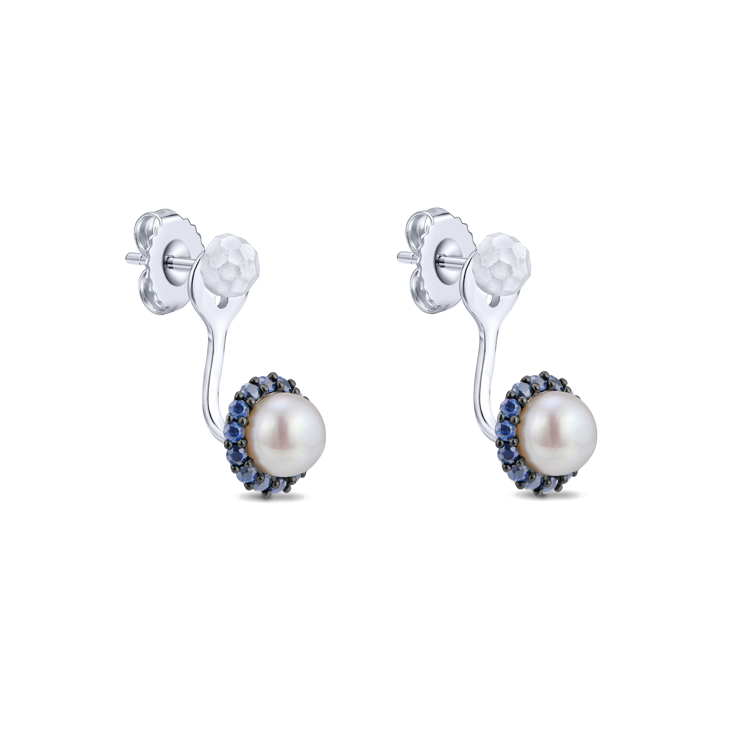 925 Hammered Silver Peek A Boo Round Pearl and Sapphire Halo Earrings