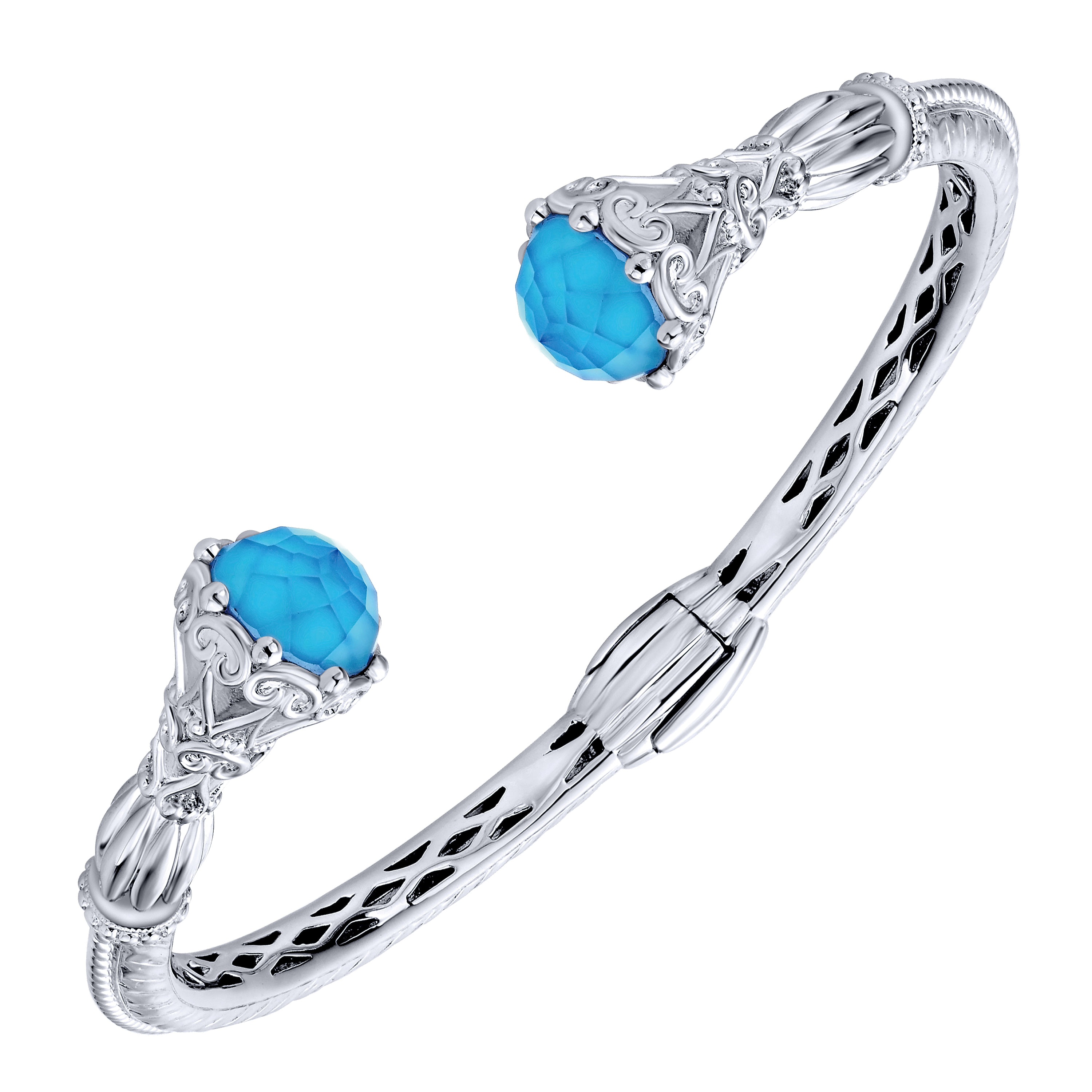 925 Silver & Stainless Steel Rock Crystal & Turquoise Bangle
