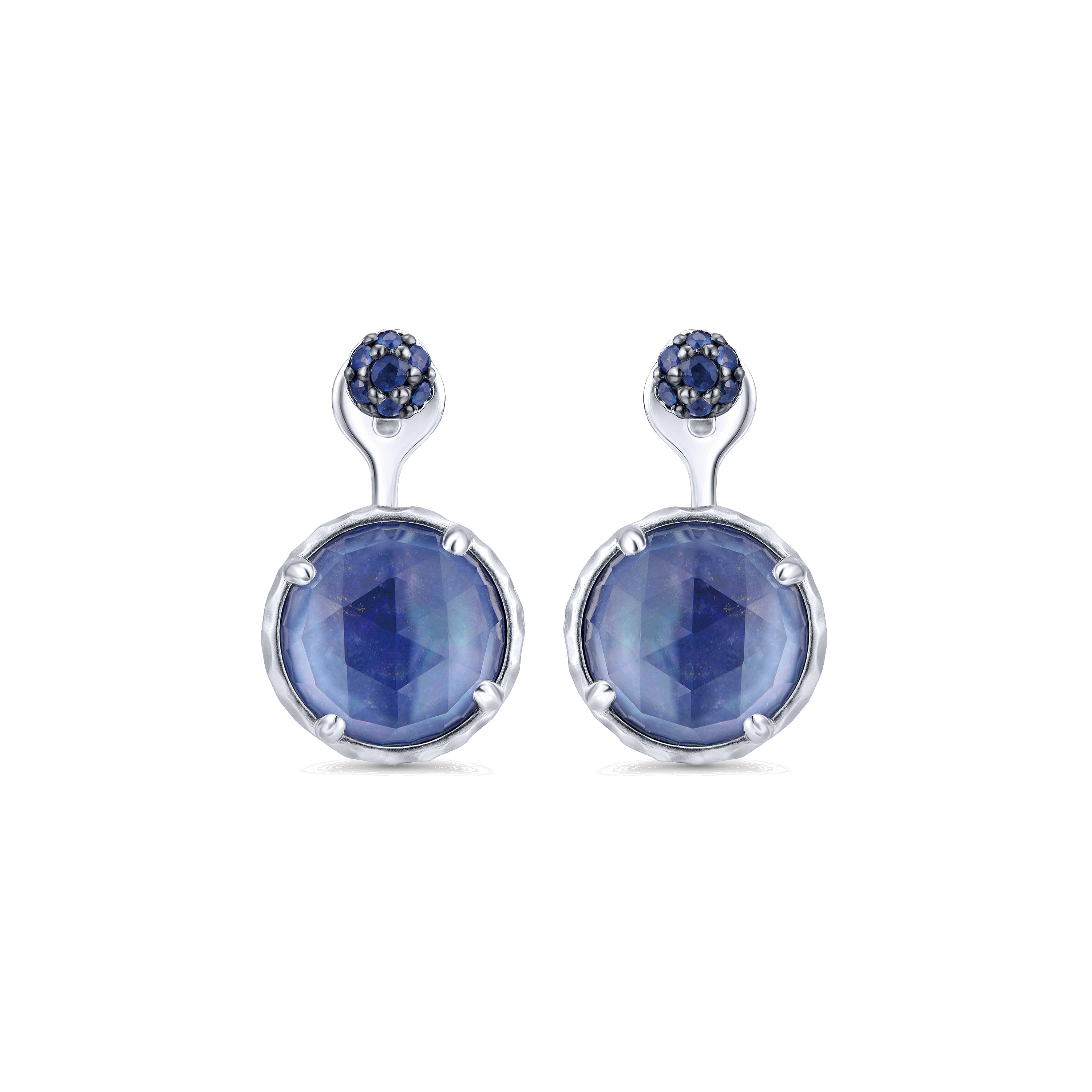 925 Silver Peek A Boo Double Round Sapphire/Rock Crystal/Lapis Earrings