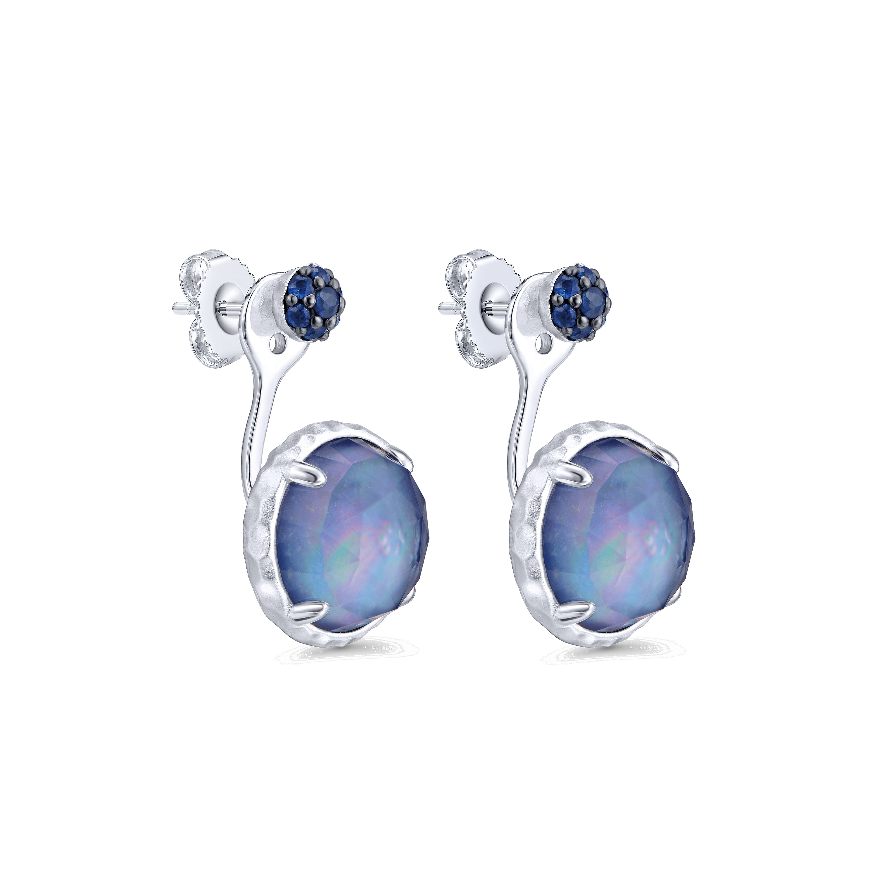 925 Silver Peek A Boo Double Round Sapphire/Rock Crystal/Lapis Earrings
