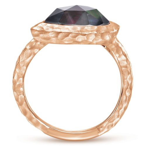 925 Silver Rose Plated Hammered Split Ring with Pear Rock Crystal/Black Pearl Stone