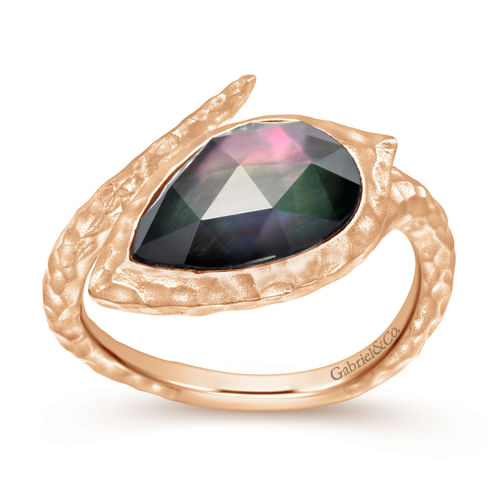 925 Silver Rose Plated Hammered Split Ring with Pear Rock Crystal/Black Pearl Stone