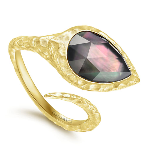 925 Silver Yellow Plated Hammered Pear Black Pearl/Rock Crystal Open Wrap Ring