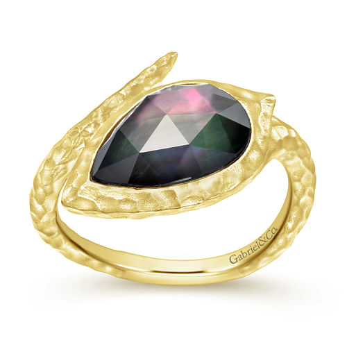 925 Silver Yellow Plated Hammered Pear Black Pearl/Rock Crystal Open Wrap Ring