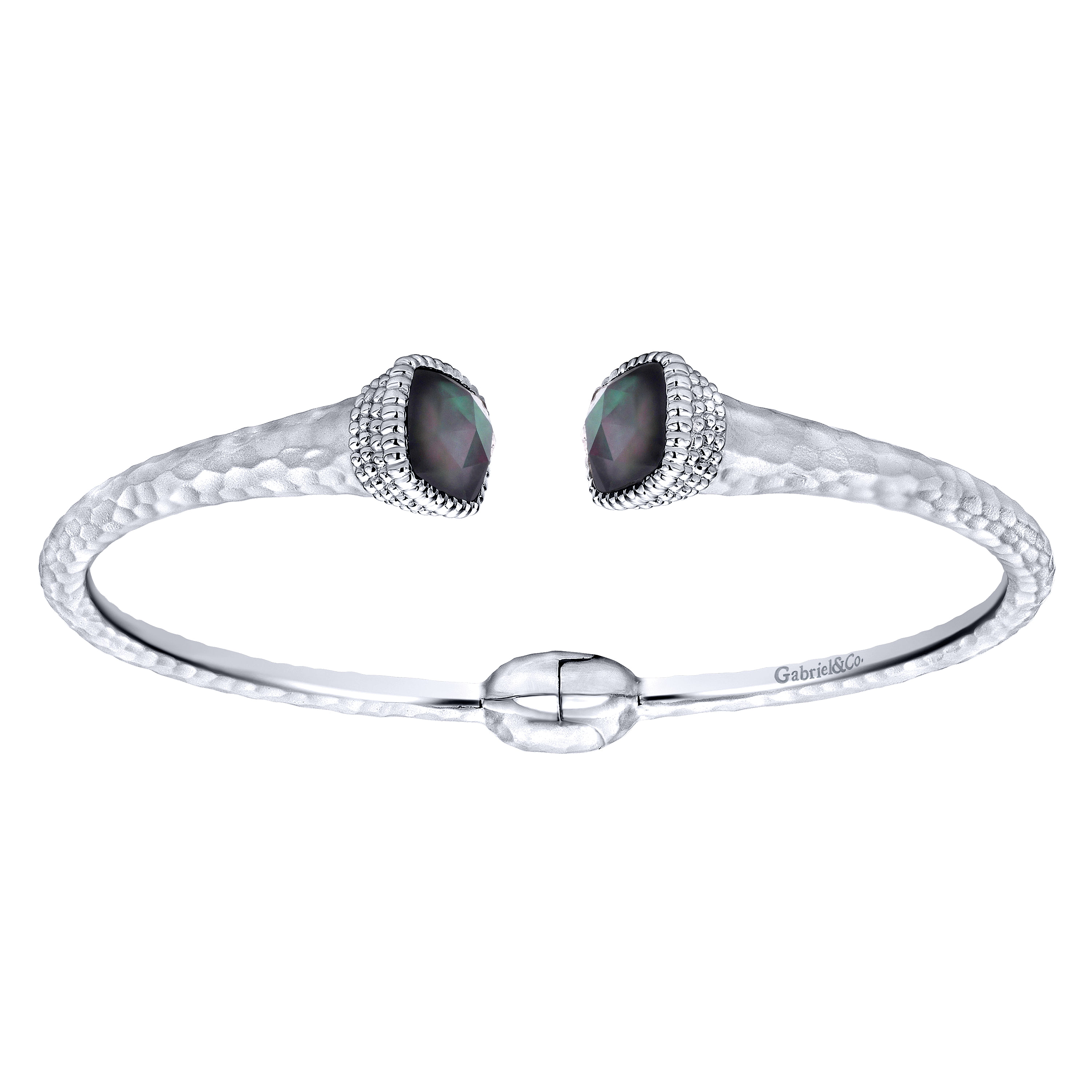 925 Silver and Stainless Steel Rock Crystal and Black Pearl Split Bangle