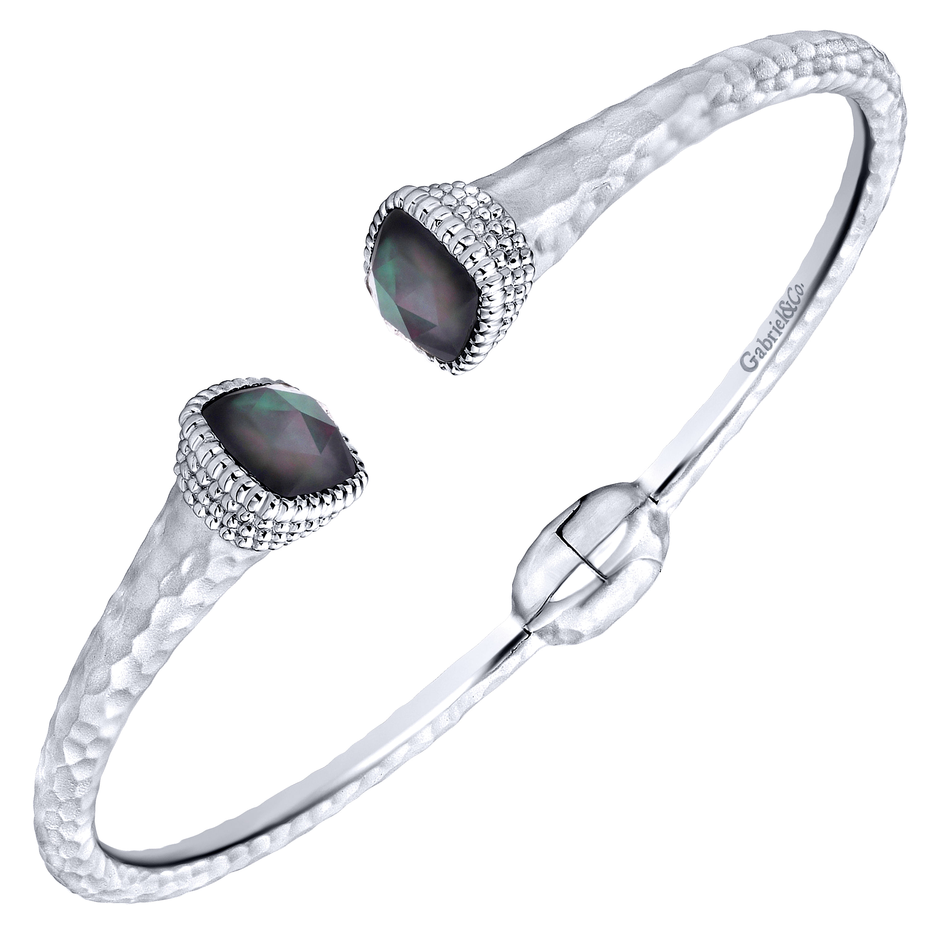 925 Silver and Stainless Steel Rock Crystal and Black Pearl Split Bangle