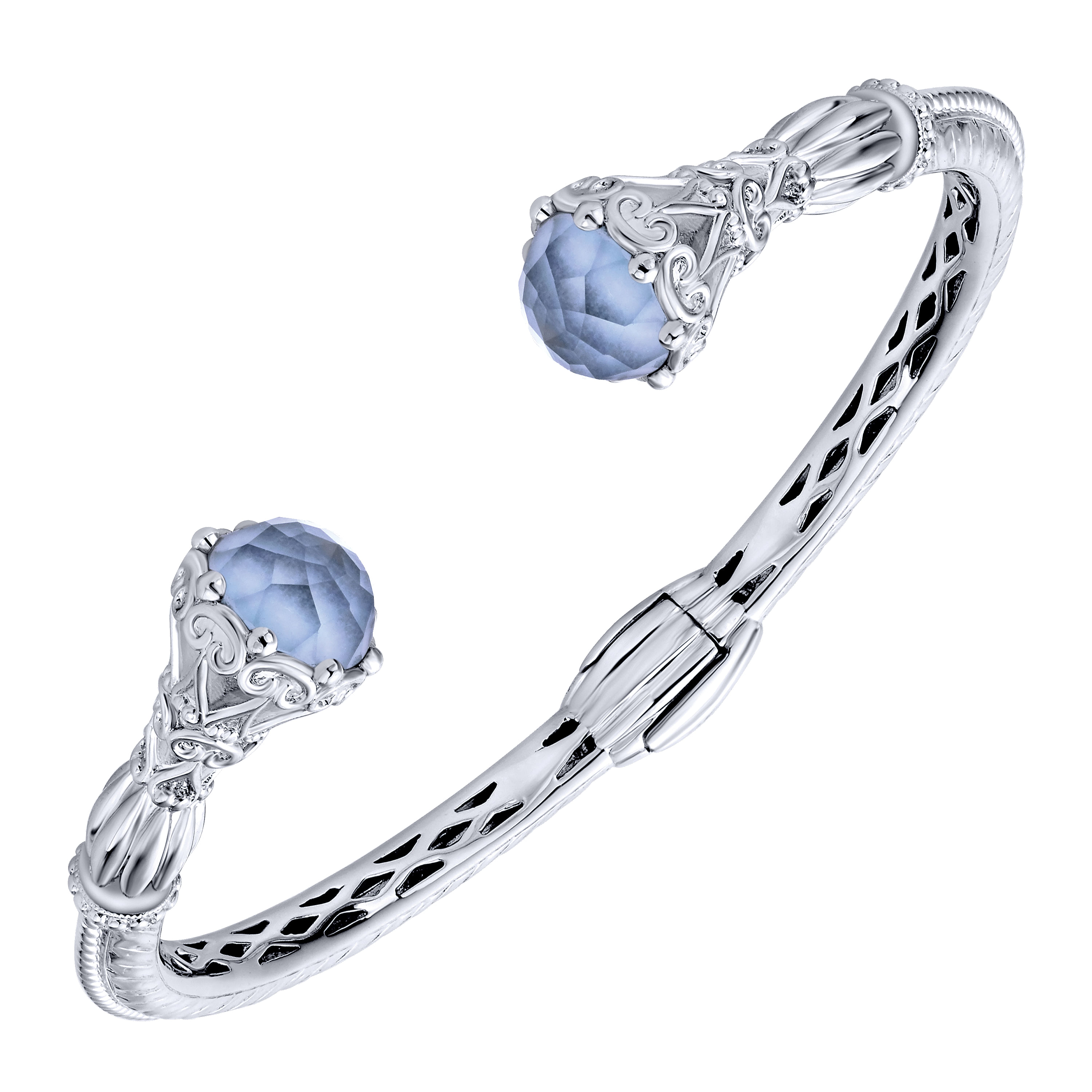 925 Silver and Stainless Steel Rock Crystal and Blue Jade Open Bangle