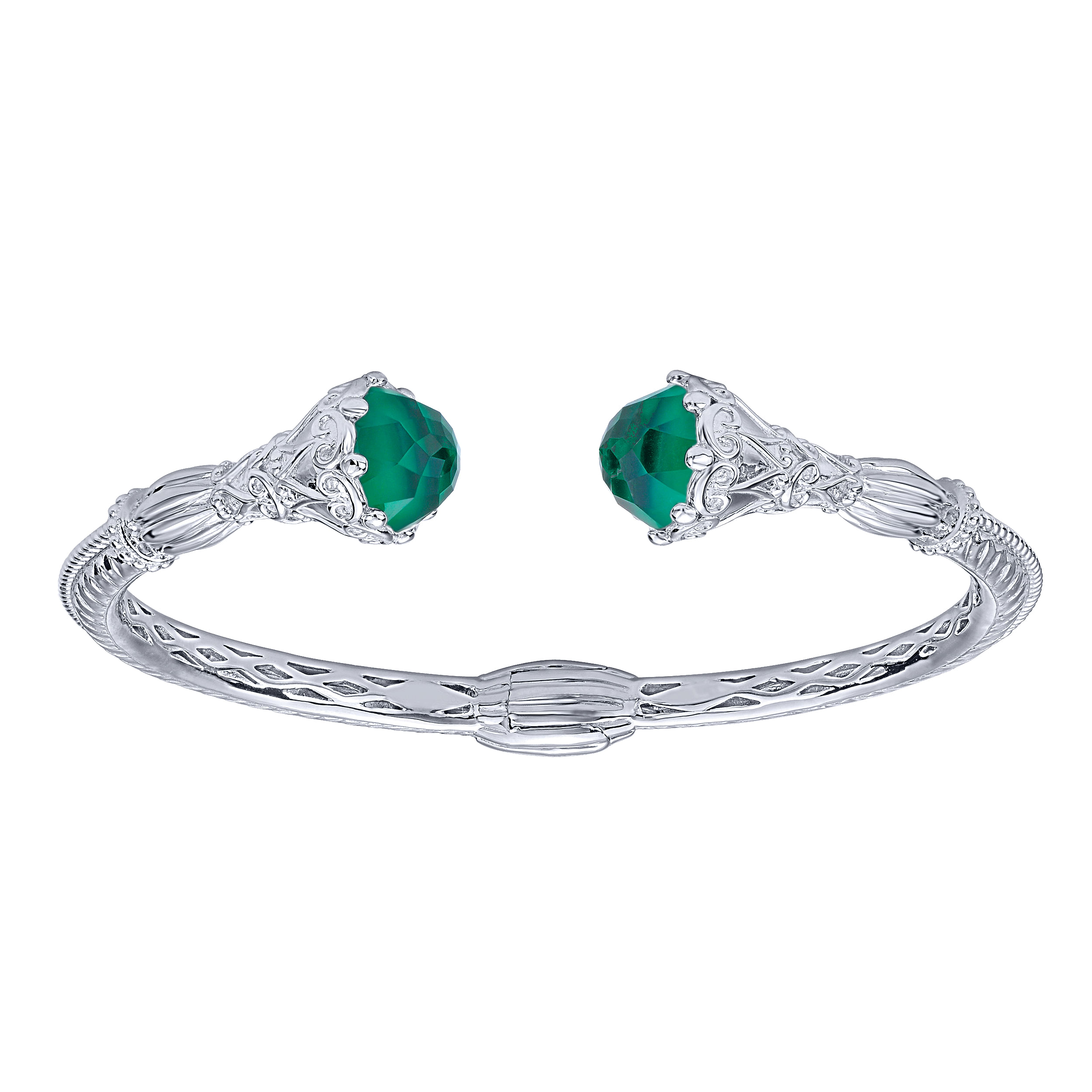 925 Silver and Stainless Steel Rock Crystal and Green Onyx Open Bangle