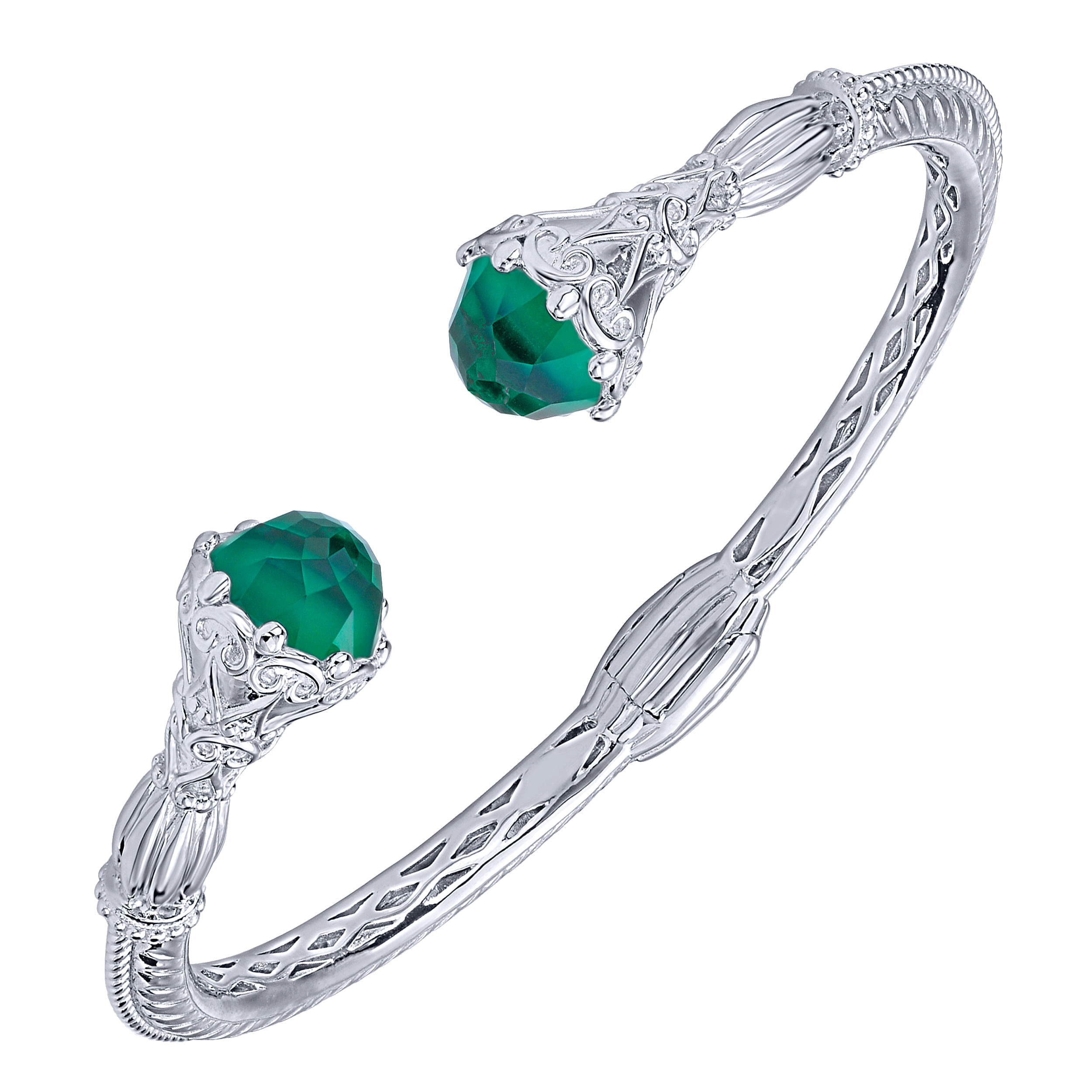 925 Silver and Stainless Steel Rock Crystal and Green Onyx Open Bangle