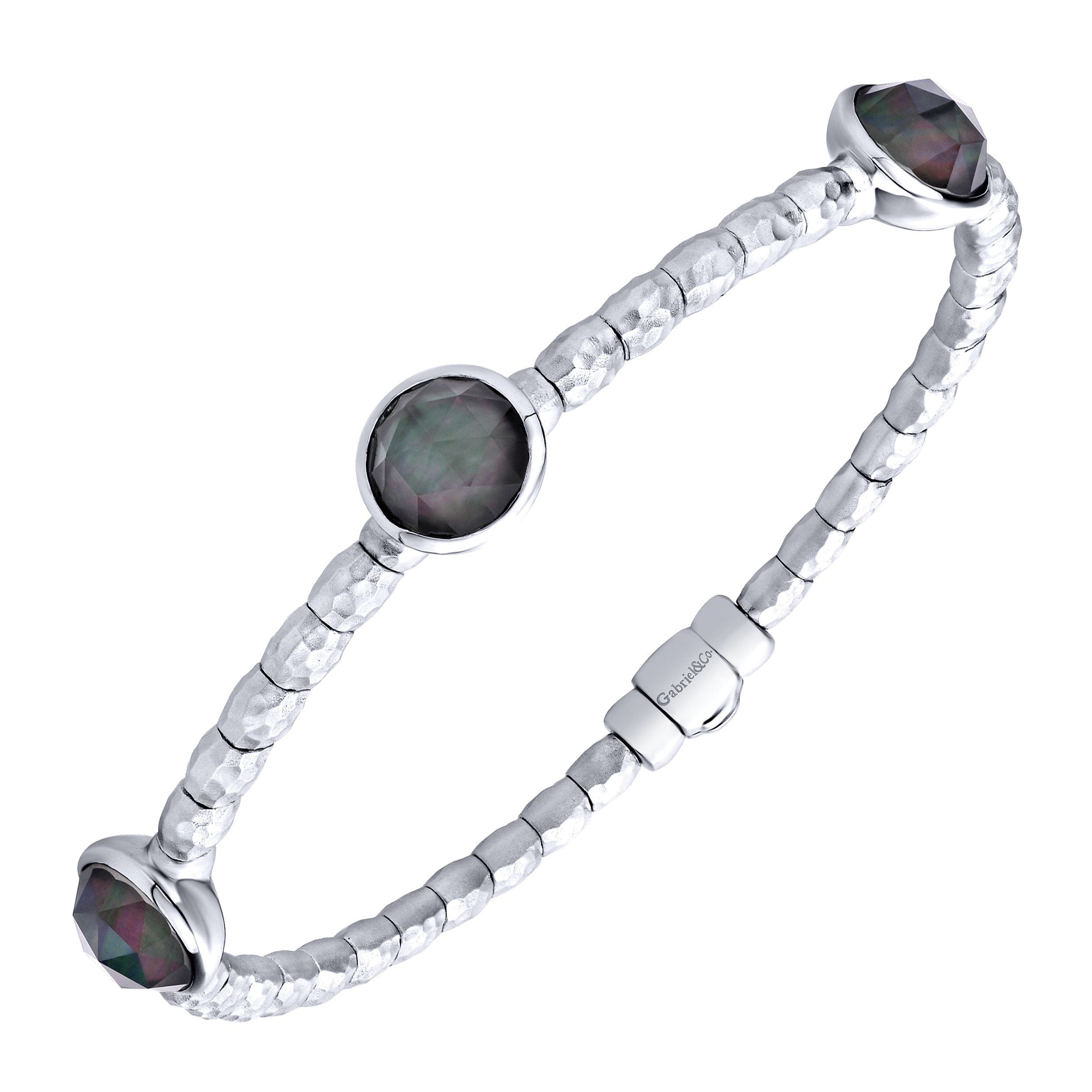 925 Silver and Stainless Steel Round Black Pearl Station Bangle