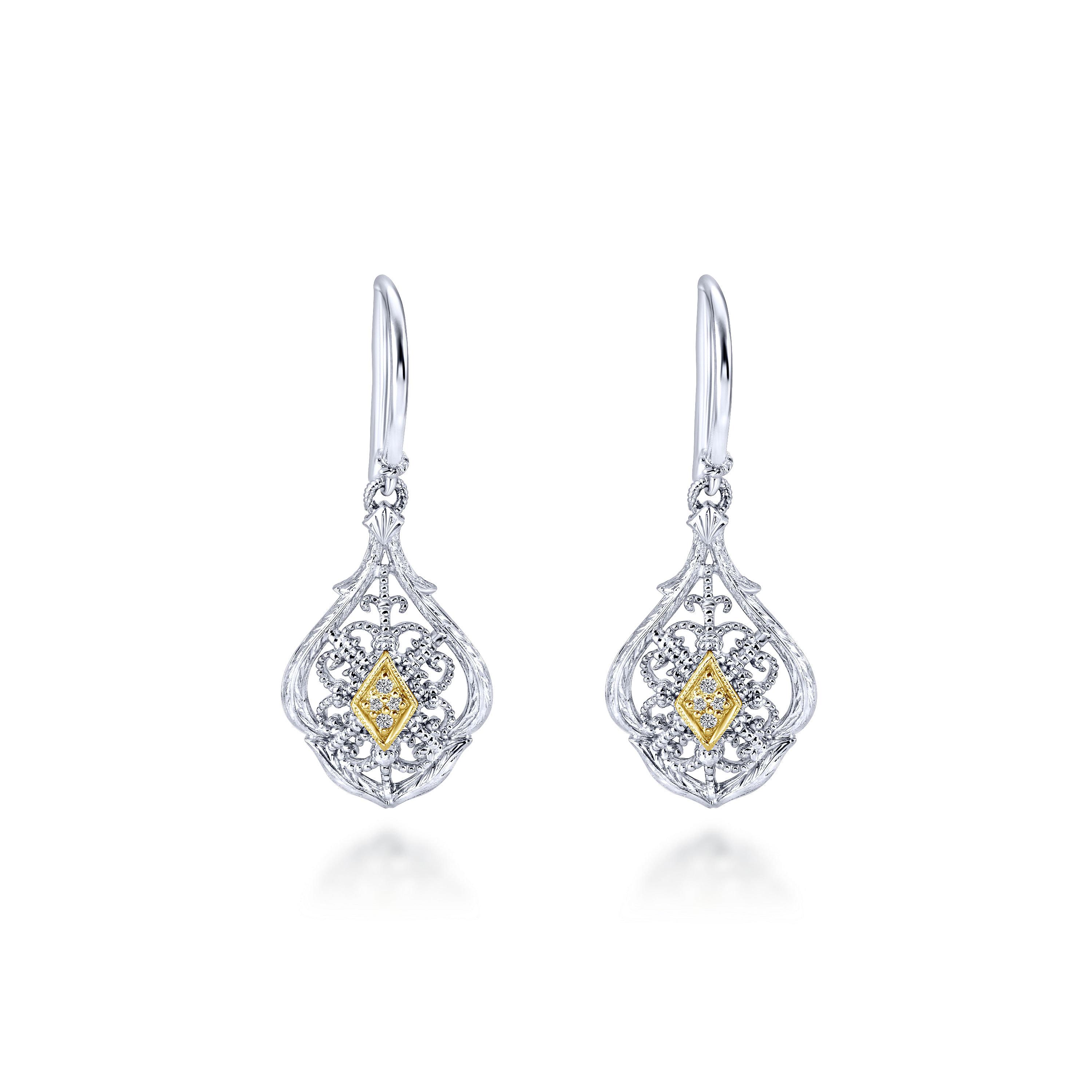 925 Sterling Silver - 18K Yellow Gold Diamond Drop Earrings