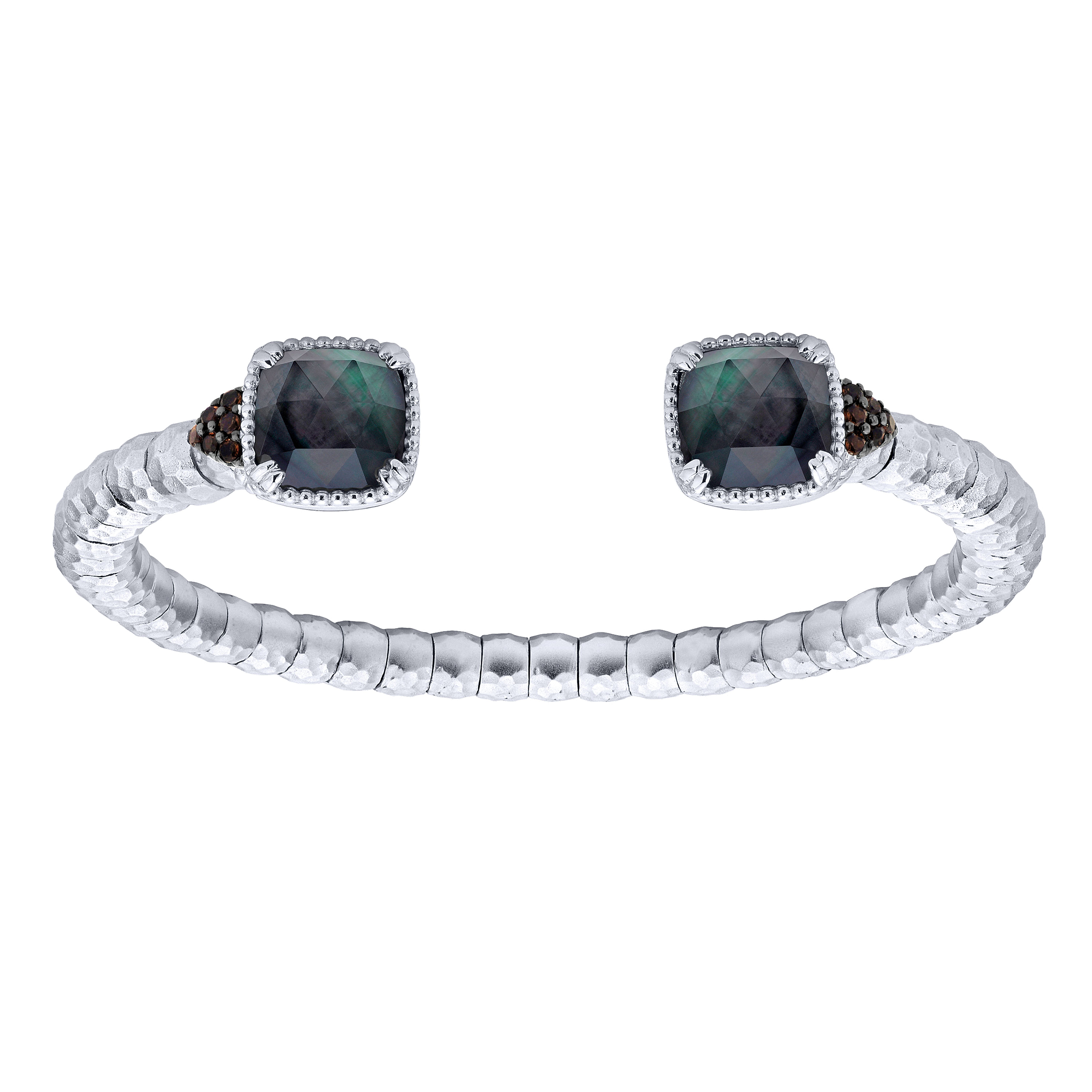 925 Sterling Silver - Stainless Steel Rock Crystal/Black MOP and Smoky Quartz Cuff Bangle