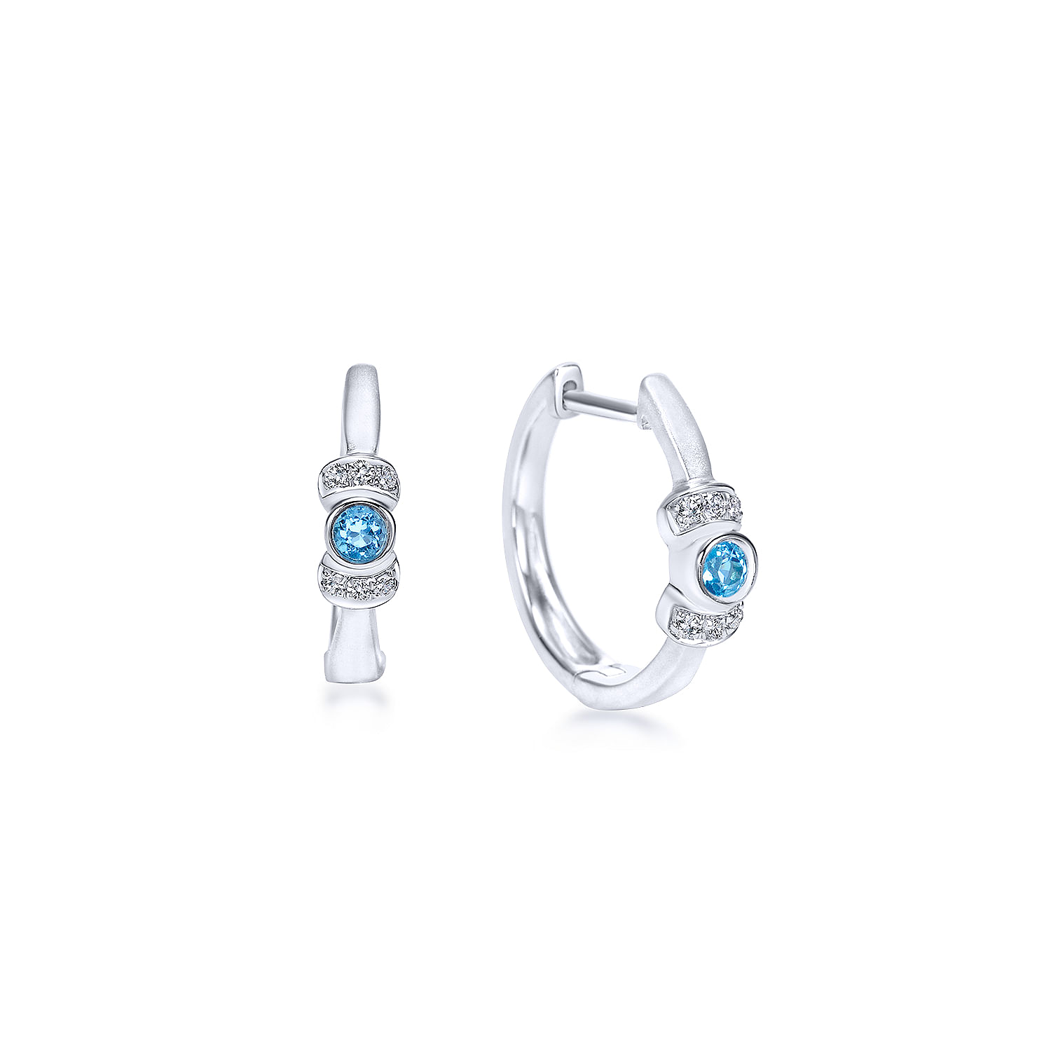 925 Sterling Silver 15mm Blue Topaz and Diamond Huggies