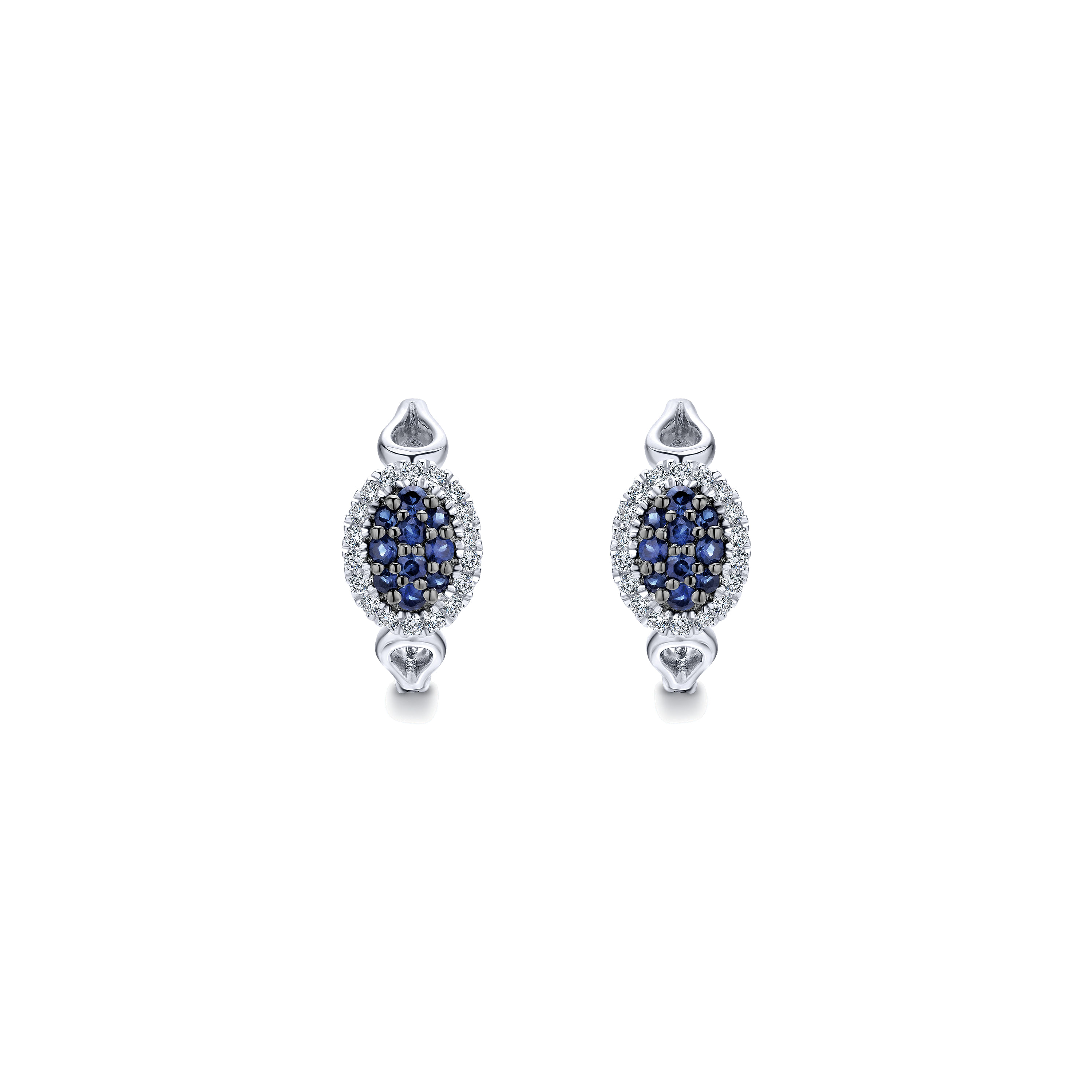 925 Sterling Silver 15mm Oval Shaped Sapphire Cluster and White Sapphire Halo Huggies