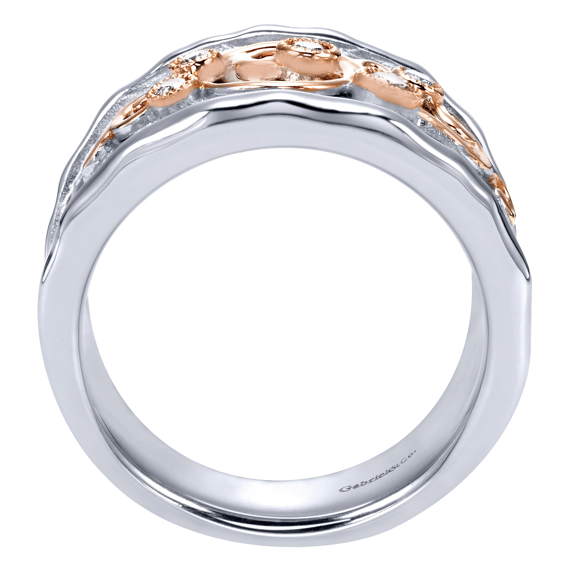 925 Sterling Silver-18K Rose Gold Embossed Scrollwork Diamond Wide Band Ring
