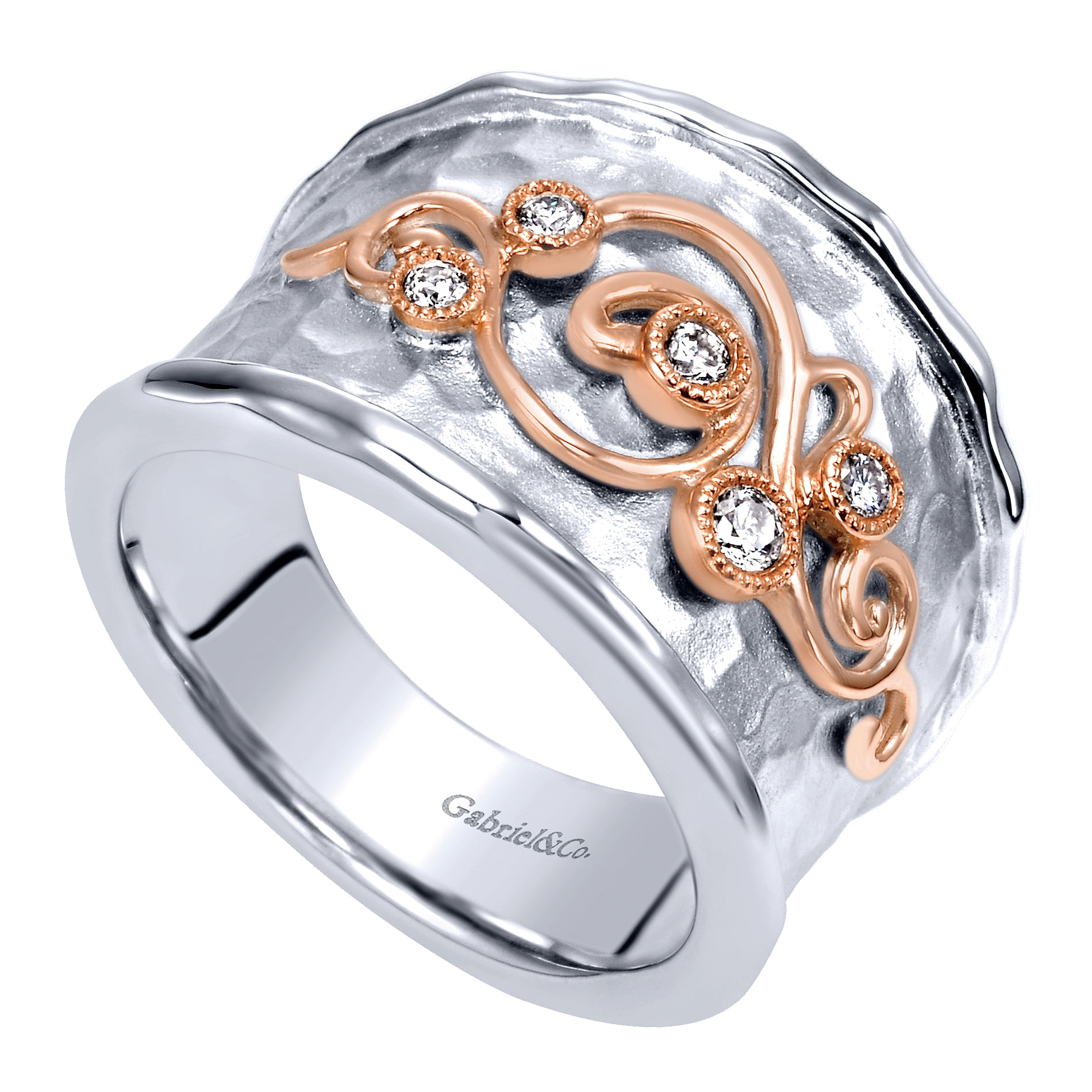 925 Sterling Silver-18K Rose Gold Embossed Scrollwork Diamond Wide Band Ring