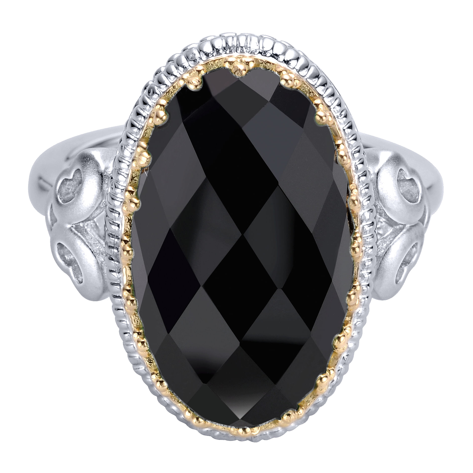 925 Sterling Silver-18K Yellow Gold Beaded Oval Rock Crystal/Black Onyx Ring