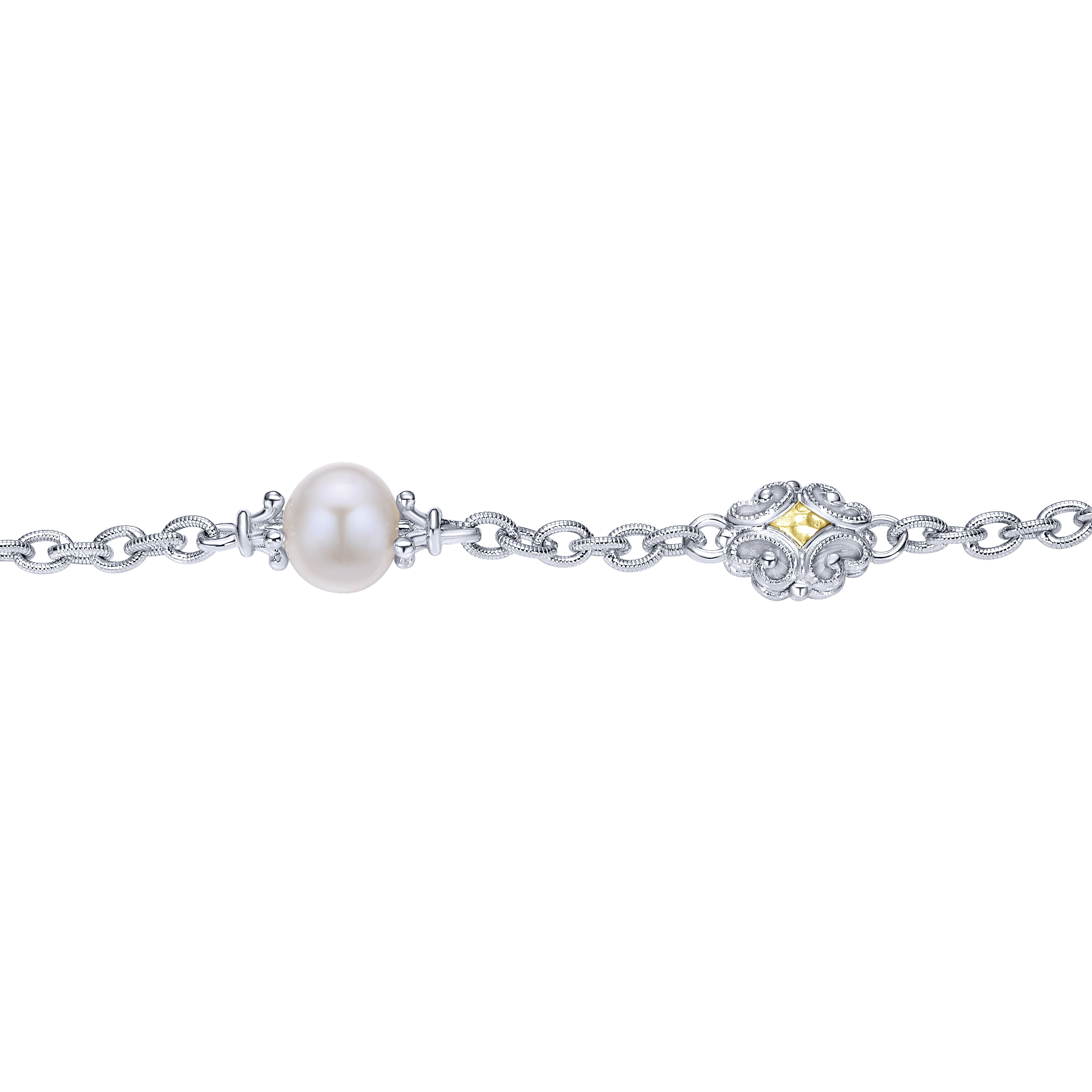 925 Sterling Silver-18K Yellow Gold Chain Bracelet with Pearls and Filigree Stations