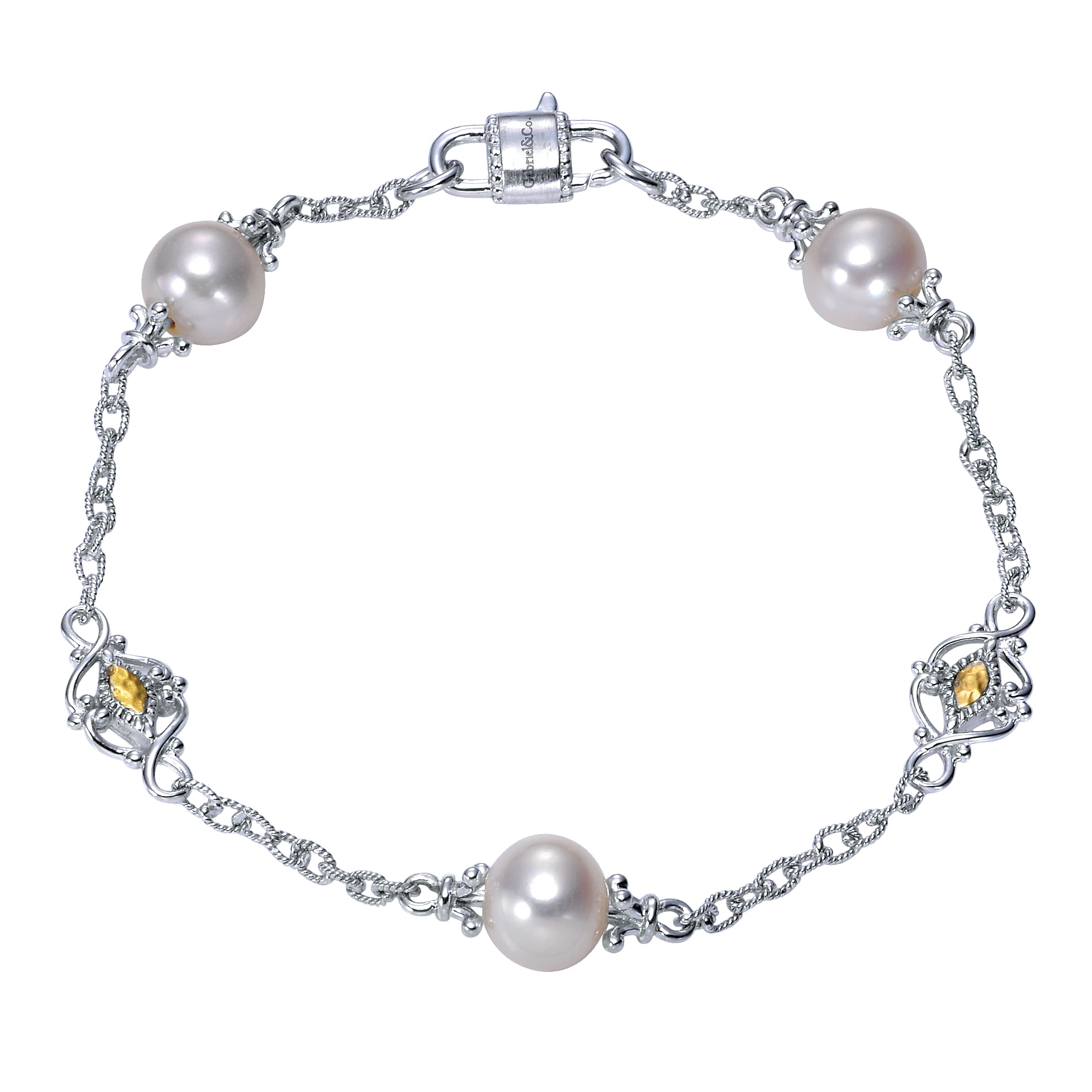 925 Sterling Silver-18K Yellow Gold Chain Bracelet with Pearls and Filigree Stations
