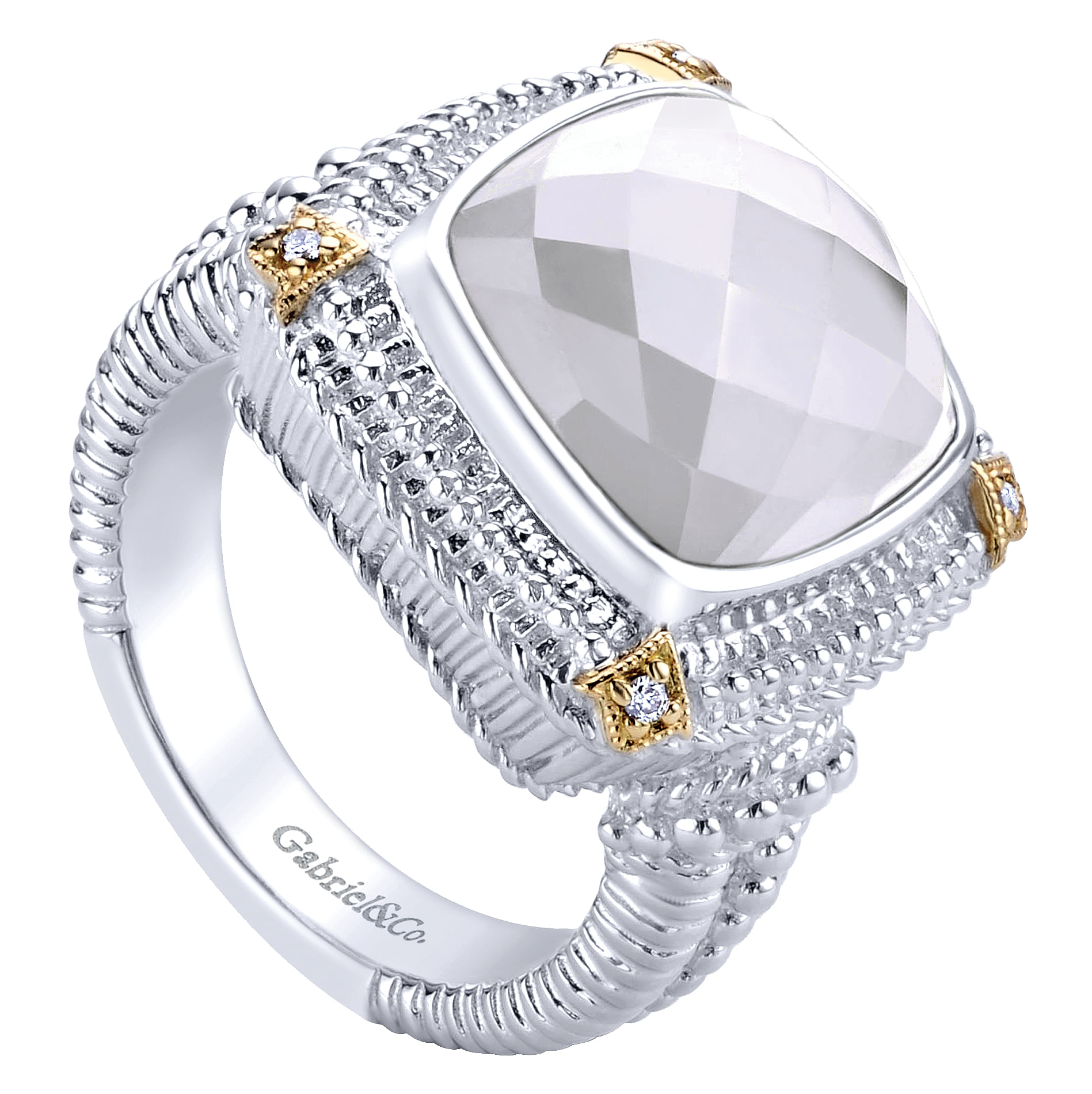 925 Sterling Silver-18K Yellow Gold Cushion Cut Rock Crystal/White Agate Ring