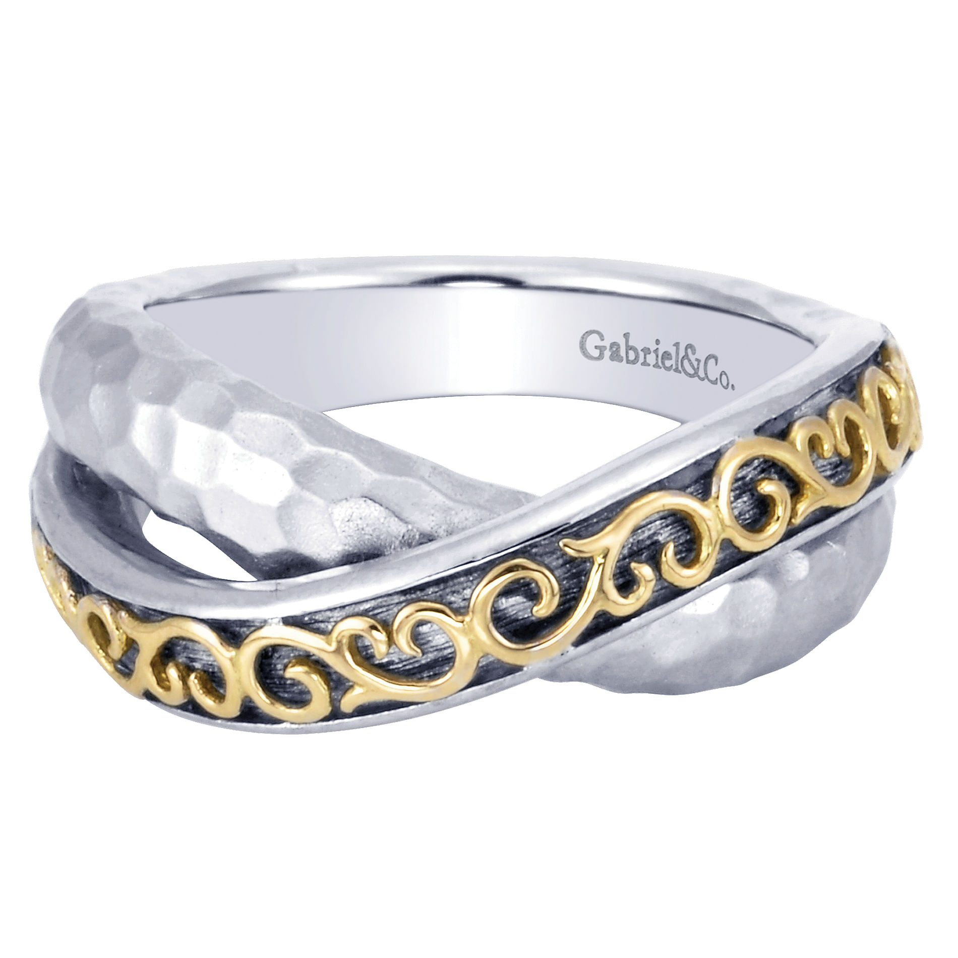 925 Sterling Silver-18K Yellow Gold Hammered Twisted Ladies Ring