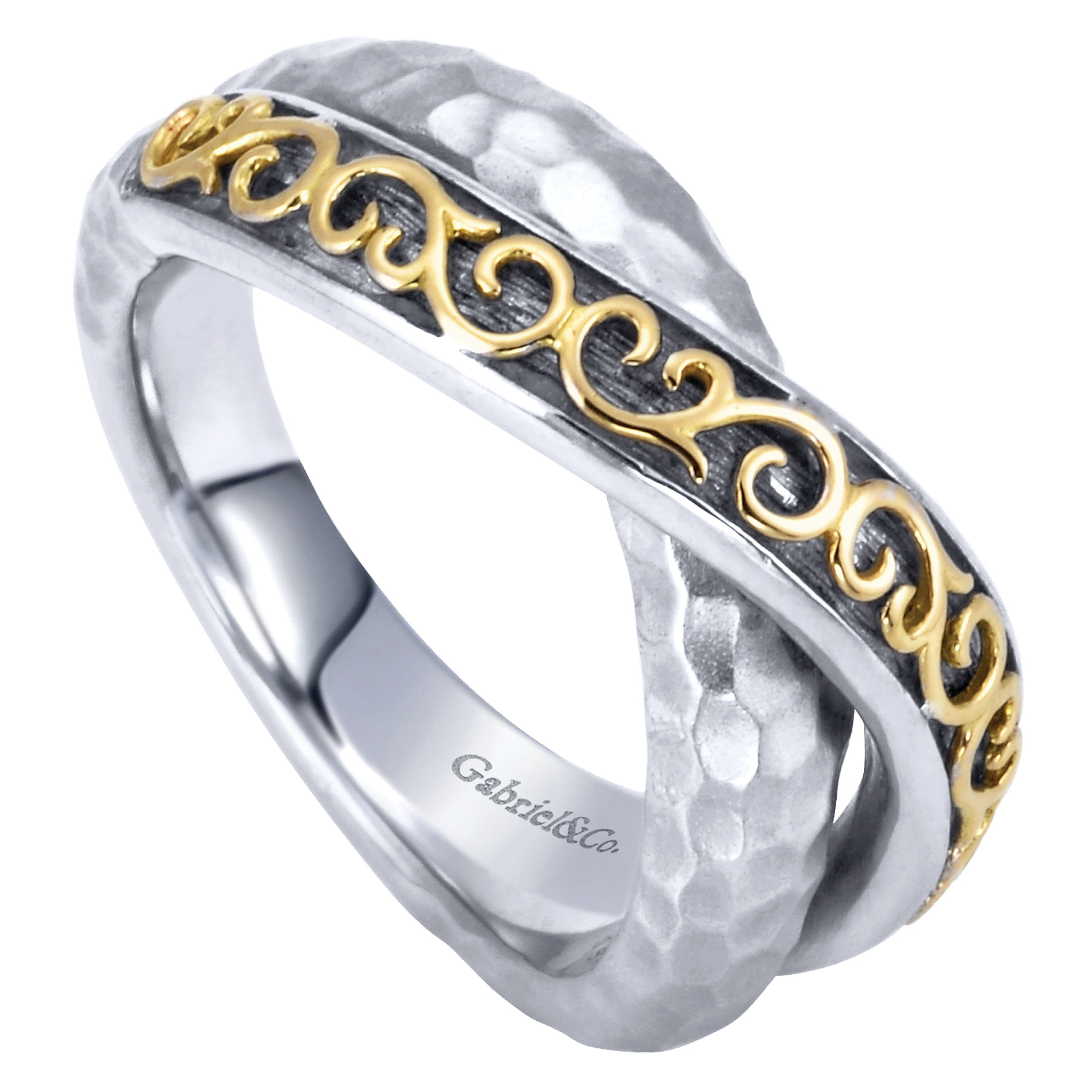 925 Sterling Silver-18K Yellow Gold Hammered Twisted Ladies Ring