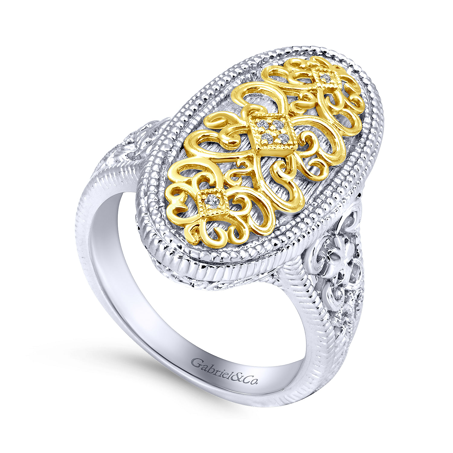 925 Sterling Silver-18K Yellow Gold Oval Filigree Diamond Ring