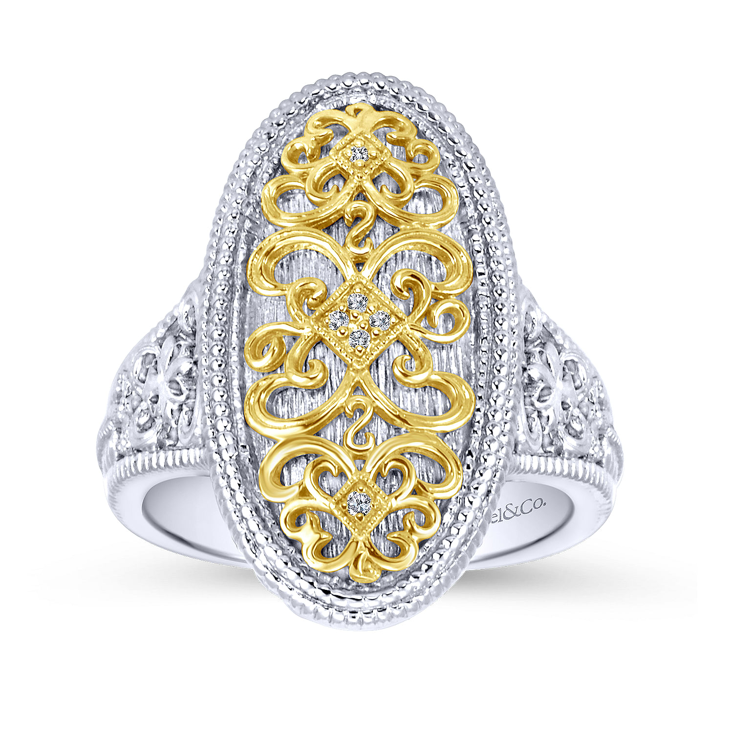 925 Sterling Silver-18K Yellow Gold Oval Filigree Diamond Ring