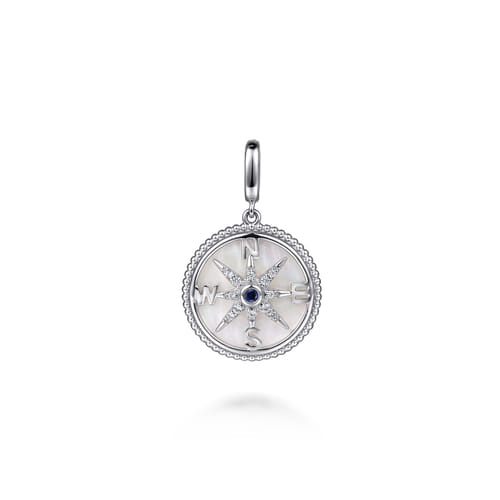 925 Sterling Silver 20mm Bujukan White Sapphire Compass & Mother of Pearl Medallion Pendant With Detachable Bail