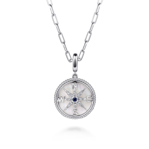 925 Sterling Silver 20mm Bujukan White Sapphire Compass & Mother of Pearl Medallion Pendant With Detachable Bail