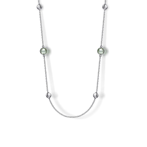 925 Sterling Silver 24 inch Bezel Green Amethyst and Round Hollow Silver Disk Station Necklace