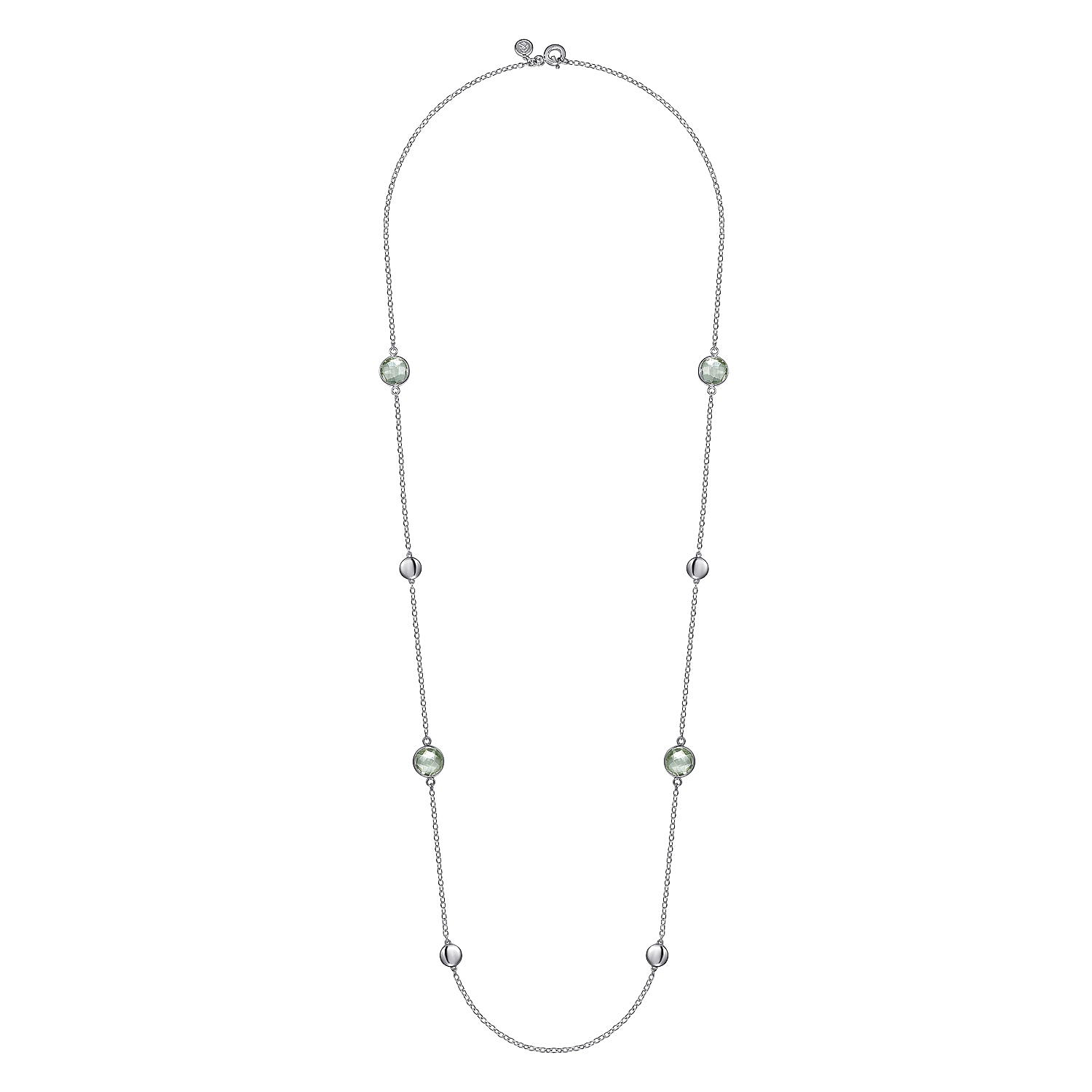 925 Sterling Silver 24 inch Bezel Green Amethyst and Round Hollow Silver Disk Station Necklace