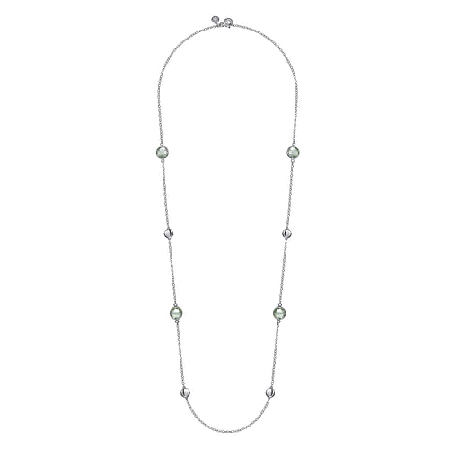 925 Sterling Silver 24 inch Bezel Green Amethyst and Round Hollow Silver Disk Station Necklace