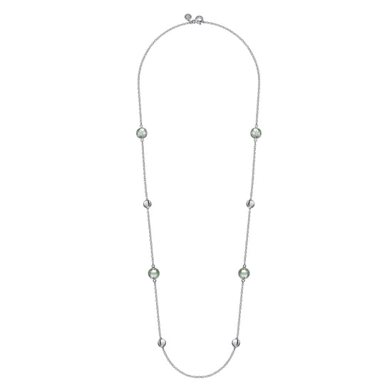 925 Sterling Silver 24 inch Bezel Green Amethyst and Round Hollow Silver Disk Station Necklace angle 2