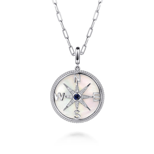 925 Sterling Silver 28mm Bujukan White Sapphire Compass & Mother of Pearl Medallion Pendant With Detachable Bail