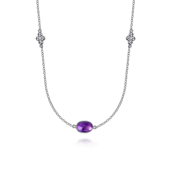Gabriel - 925 Sterling Silver 32 inch Bezel Oval Amethyst and Bujukan Beads Station Necklace