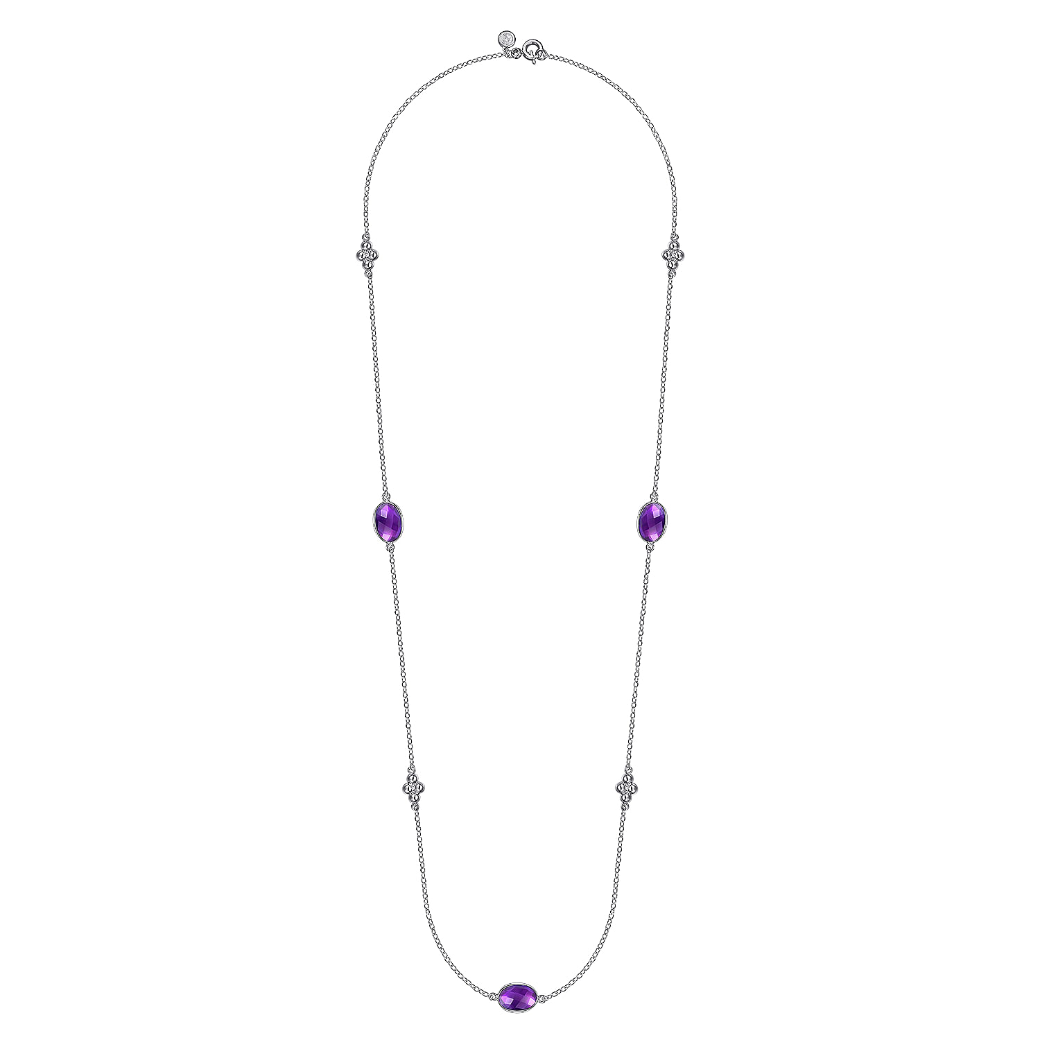 925 Sterling Silver 32 inch Bezel Oval Amethyst and Bujukan Beads Station Necklace