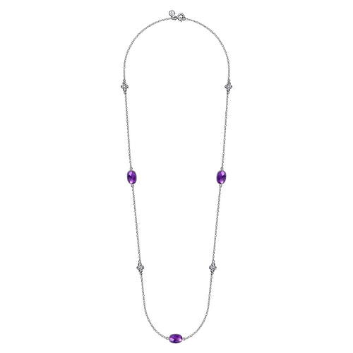 925 Sterling Silver 32 inch Bezel Oval Amethyst and Bujukan Beads Station Necklace