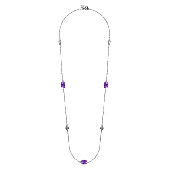 925 Sterling Silver 32 inch Bezel Oval Amethyst and Bujukan Beads Station Necklace angle 2