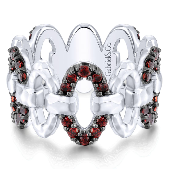 Gabriel - 925 Sterling Silver Alternating Oval Pavé Garnet and Hammered Link Ring 
