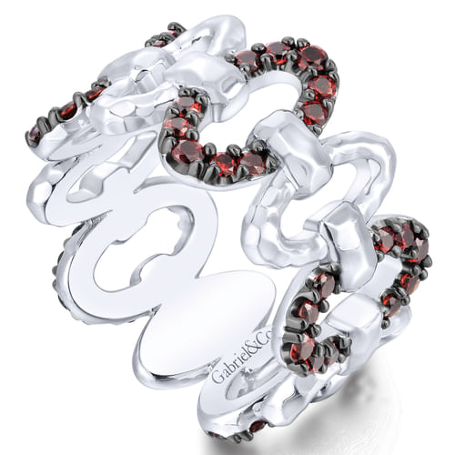 925 Sterling Silver Alternating Oval Pavé Garnet and Hammered Link Ring 