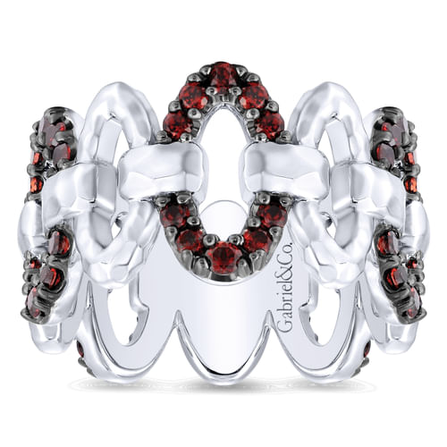 925 Sterling Silver Alternating Oval Pavé Garnet and Hammered Link Ring 