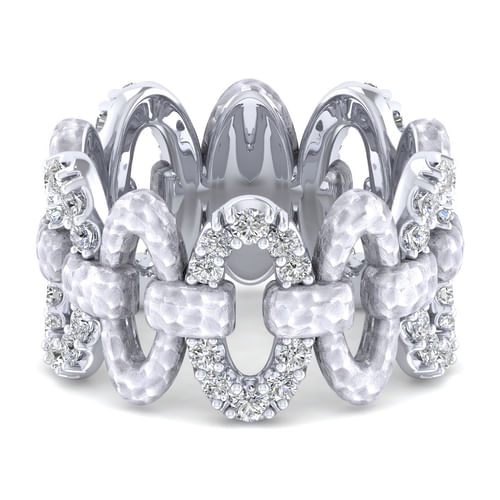 925 Sterling Silver Alternating Oval Pavé White Sapphire and Hammered Link Ring 