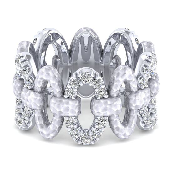 Gabriel - 925 Sterling Silver Alternating Oval Pavé White Sapphire and Hammered Link Ring 