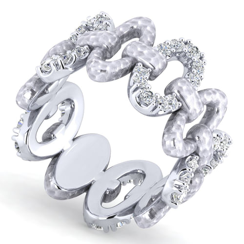 925 Sterling Silver Alternating Oval Pavé White Sapphire and Hammered Link Ring 