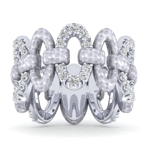 925 Sterling Silver Alternating Oval Pavé White Sapphire and Hammered Link Ring 